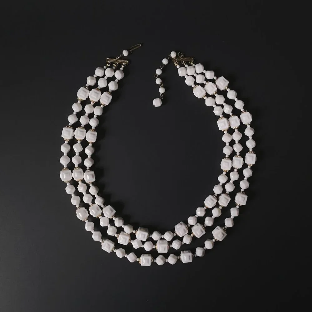 Vintage Hong Kong White Gold Square Chunky Beaded Layered Multi Strand Necklace - Picture 8 of 12